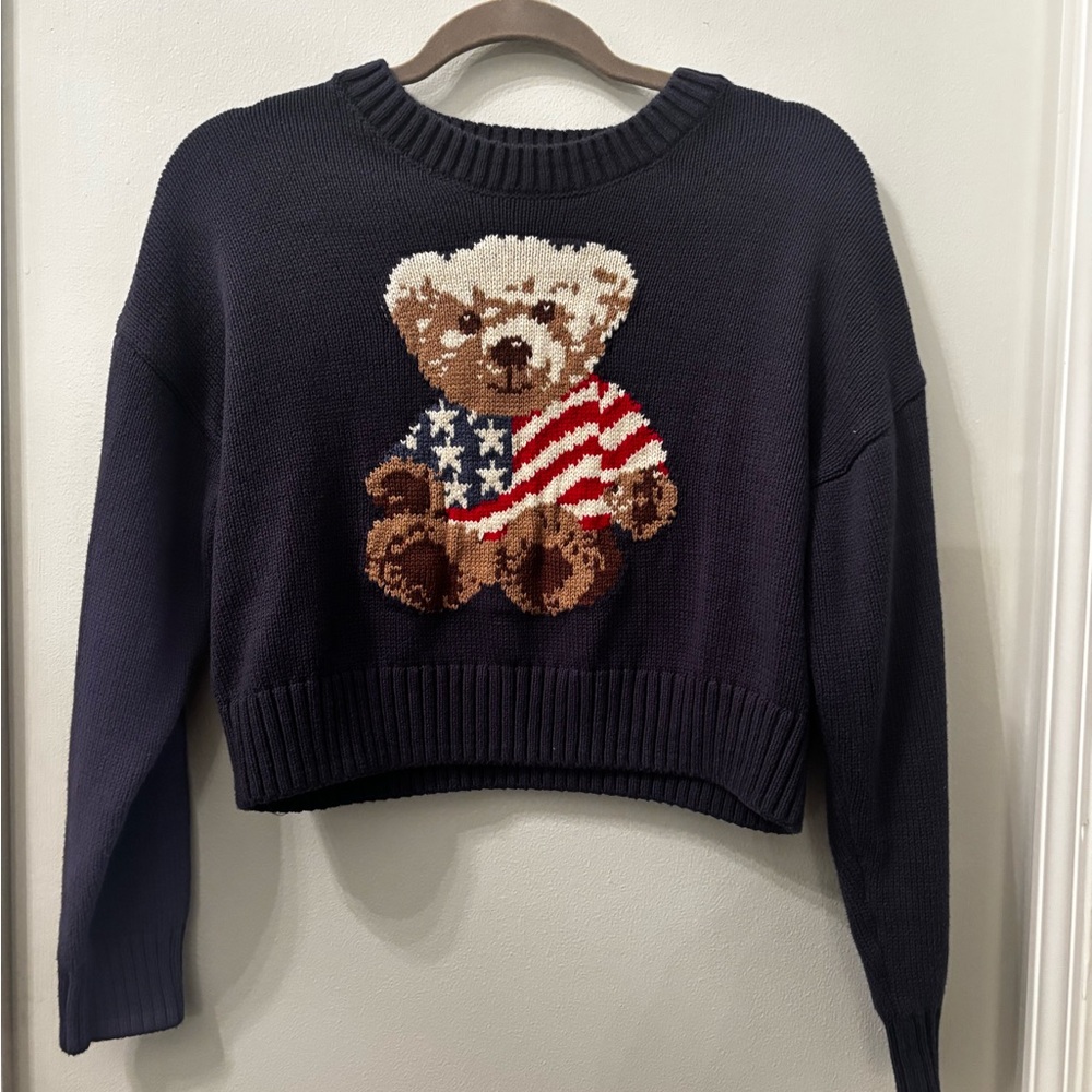 Grayson Threads Navy American Flag Bear - Cropped -M